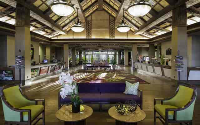 Sky View Lounge lobby at Tahiti Village: spacious venue for corporate events and group gatherings.