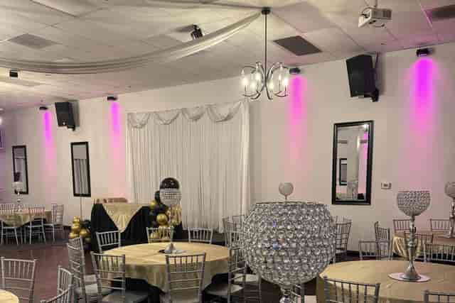 Main Banquet Hall with gold decor and crystal centerpieces for wedding and corporate event venues.