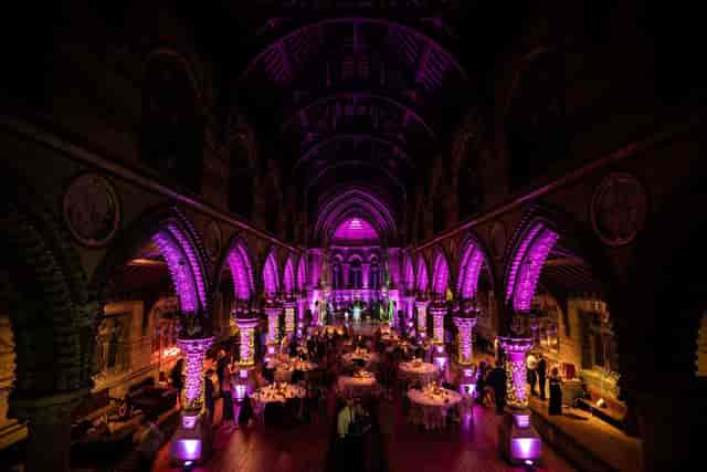 St Stephen’s Hall Main Hall with architectural up-lighting for branded corporate events and dinners.