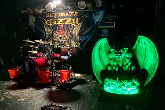 Ozzy Osbourne tribute band stage at O2 Academy2 Islington with stage lighting and concert gear.