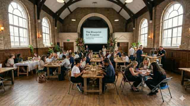 Historic church auditorium with long-table seating for corporate luncheon or event venue.