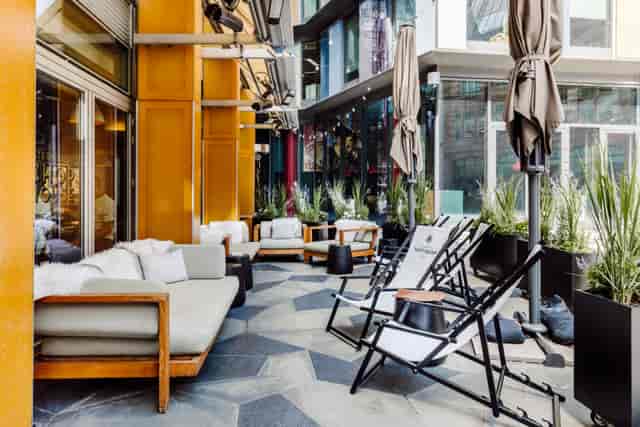 Stylish outdoor lounge at Paternoster Chop House, perfect for networking events.