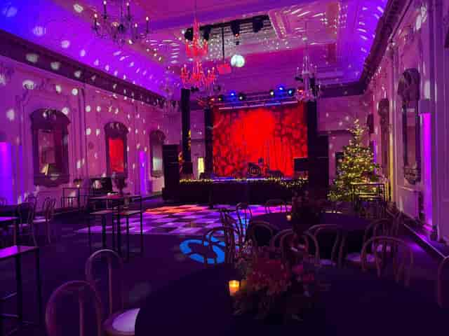 Elegant event space in Bush Hall with vibrant lighting for celebrations and gatherings.