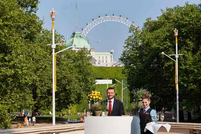 Elegant outdoor event at The Royal Society with London Eye backdrop and attentive staff.