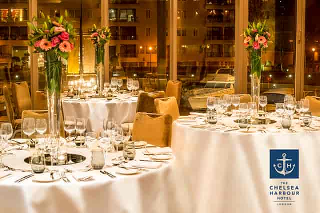 Elegant dining area in Drakes Suite, Chelsea Harbour Hotel for upscale events and weddings.