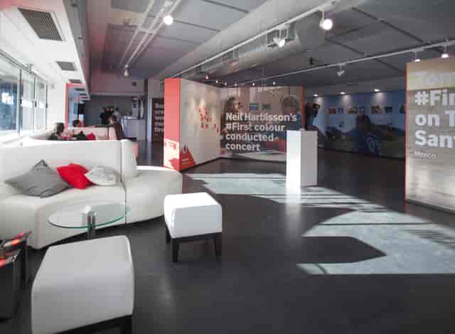 Modern event space at The Mix, featuring vibrant graphics for creative exhibitions.