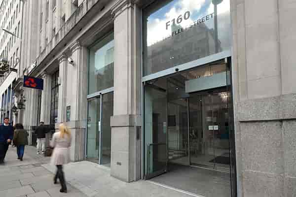 Professional corporate entrance at 160 Fleet Street for business meetings and networking events.