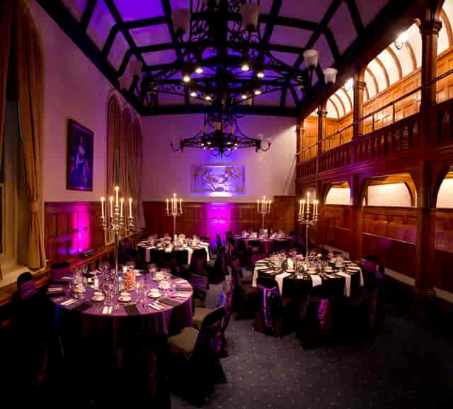 Elegant Whitworth Building banquet hall with candelabras for upscale events and galas.