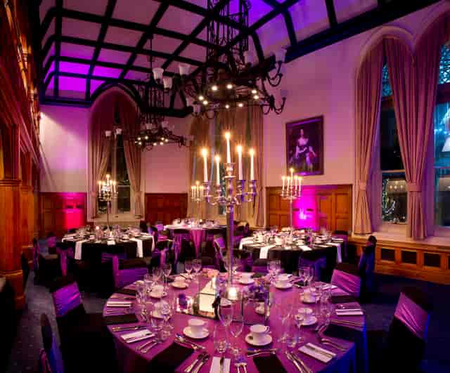 Whitworth Building banquet room with elegant decor for upscale events and celebrations.