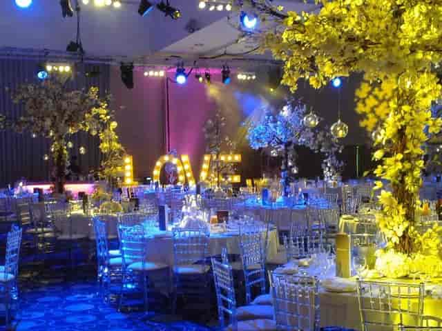 Edgbaston Stadium banqueting suite with dramatic lighting for corporate events and gala dinners.