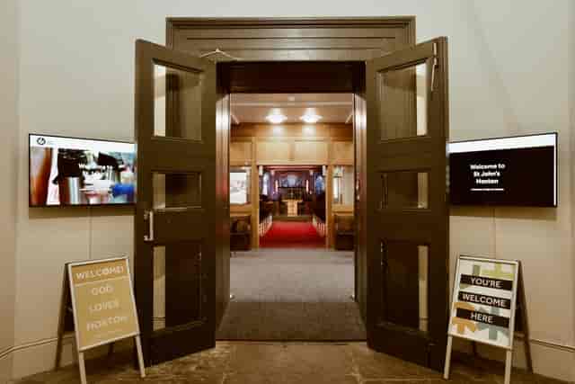Main Church St John's Hoxton entrance with open doors, ideal for events and gatherings.