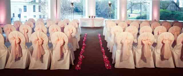 Beech Suite at Royal Lancaster London, elegant wedding venue with pink chair sashes.