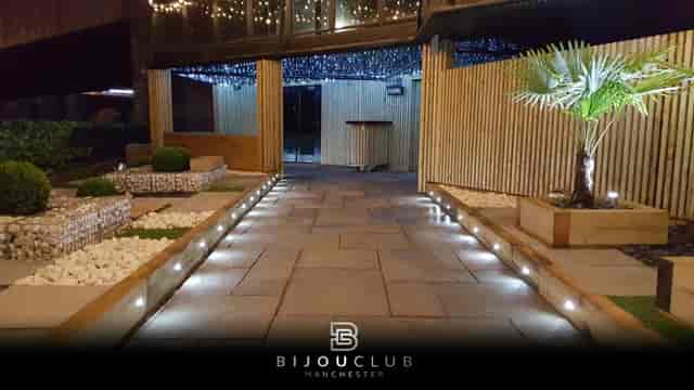 Stylish outdoor venue at Bijou Club, elegant lighting for social and corporate events.