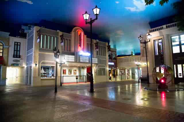 KidZania London Theatre: vibrant event space with whimsical ceiling for receptions and networking.