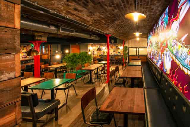Chic Yuu Kitchen at ICE BAR London, ideal for events with rustic charm and vibrant decor.