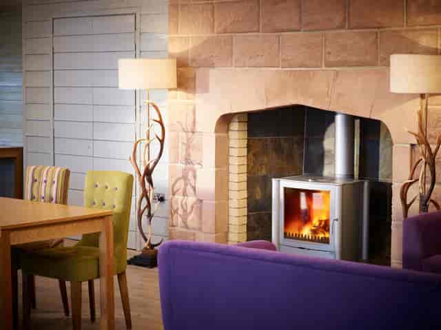 Cozy Forest Pavilion meeting space with fireplace, ideal for team-building events.