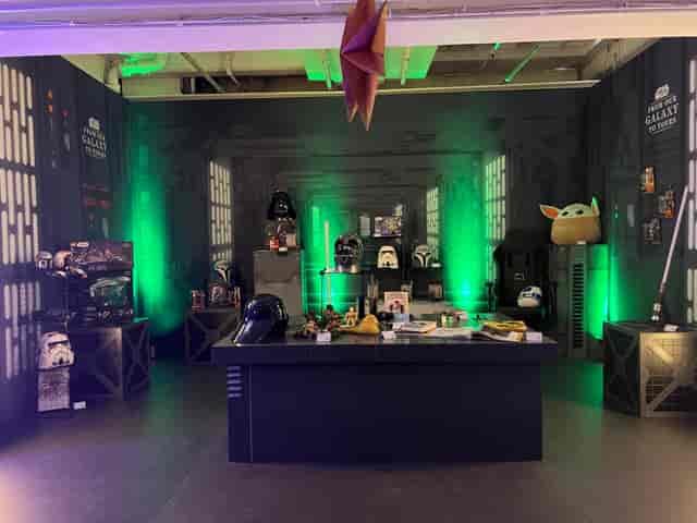 Star Wars themed event space at The Vinyl Factory Soho with green lighting and memorabilia.